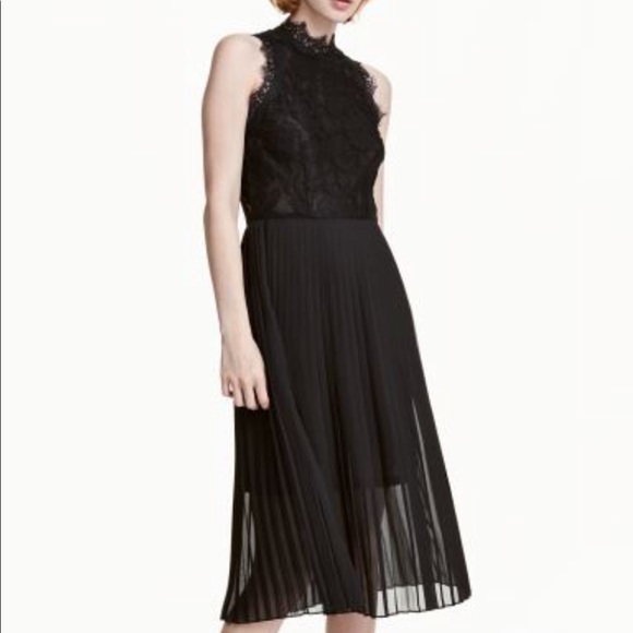 NEW H&M Divided Black Lace Top Pleated Midi Dress - Picture 1 of 7